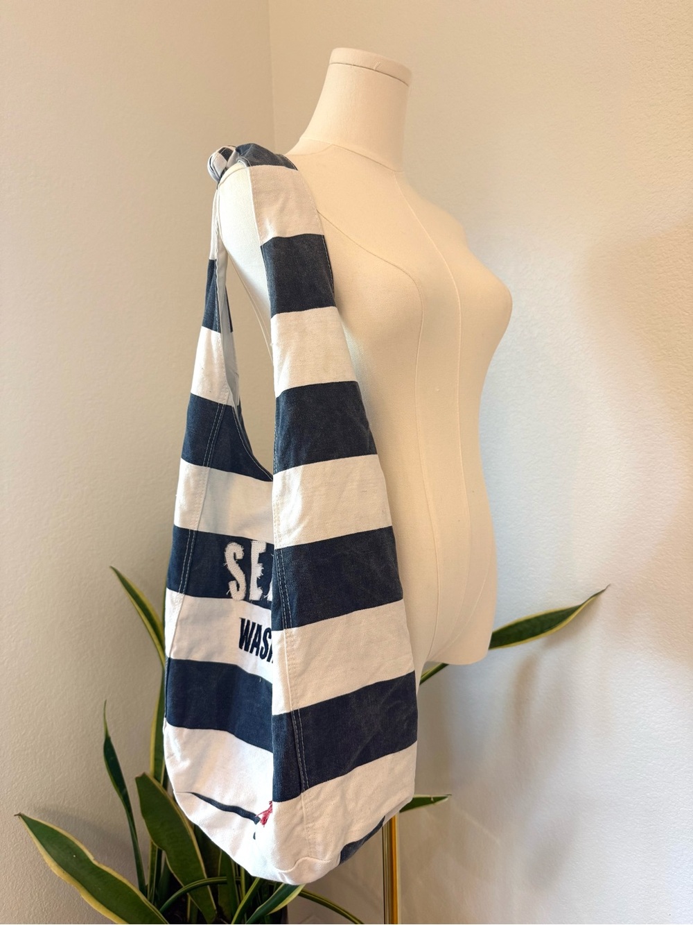 Striped Navy and White Shoulder Tote Bag